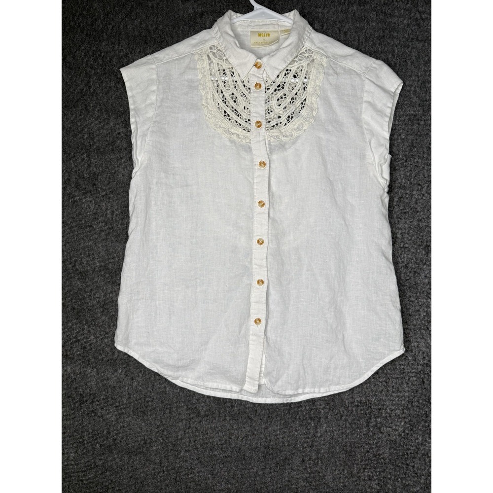 Maeve Anthropologie Linen Shirt XS White Linen Crochet Lace Button Front Blouse
